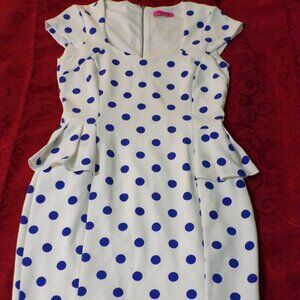 Betsey Johnson Blue & White Polka Dot Peplum Dress (Sz 10)
